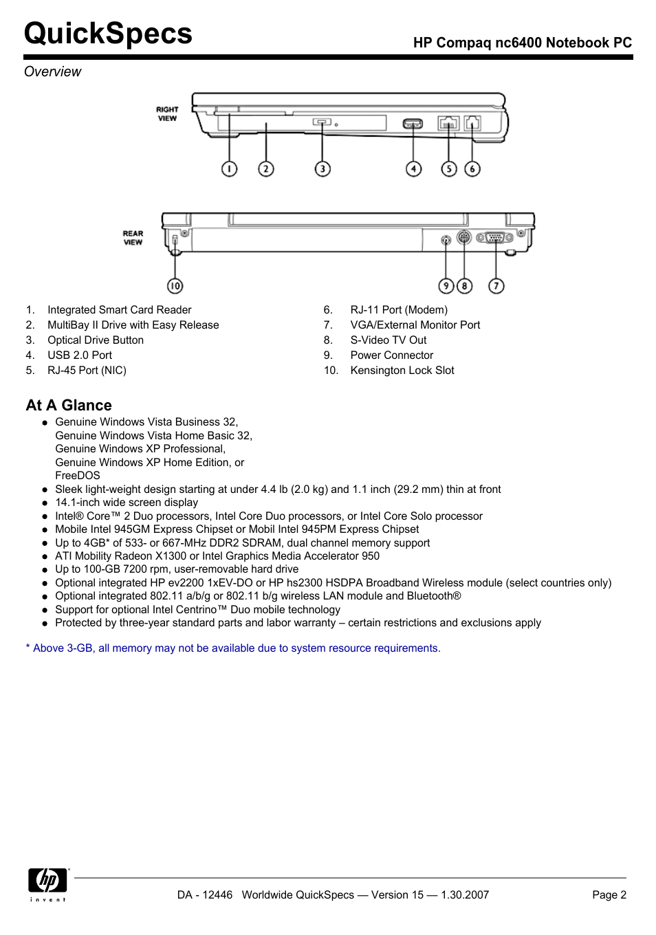 Quickspecs, At a glance | Intel Compaq nc6400 User Manual | Page 2 / 41