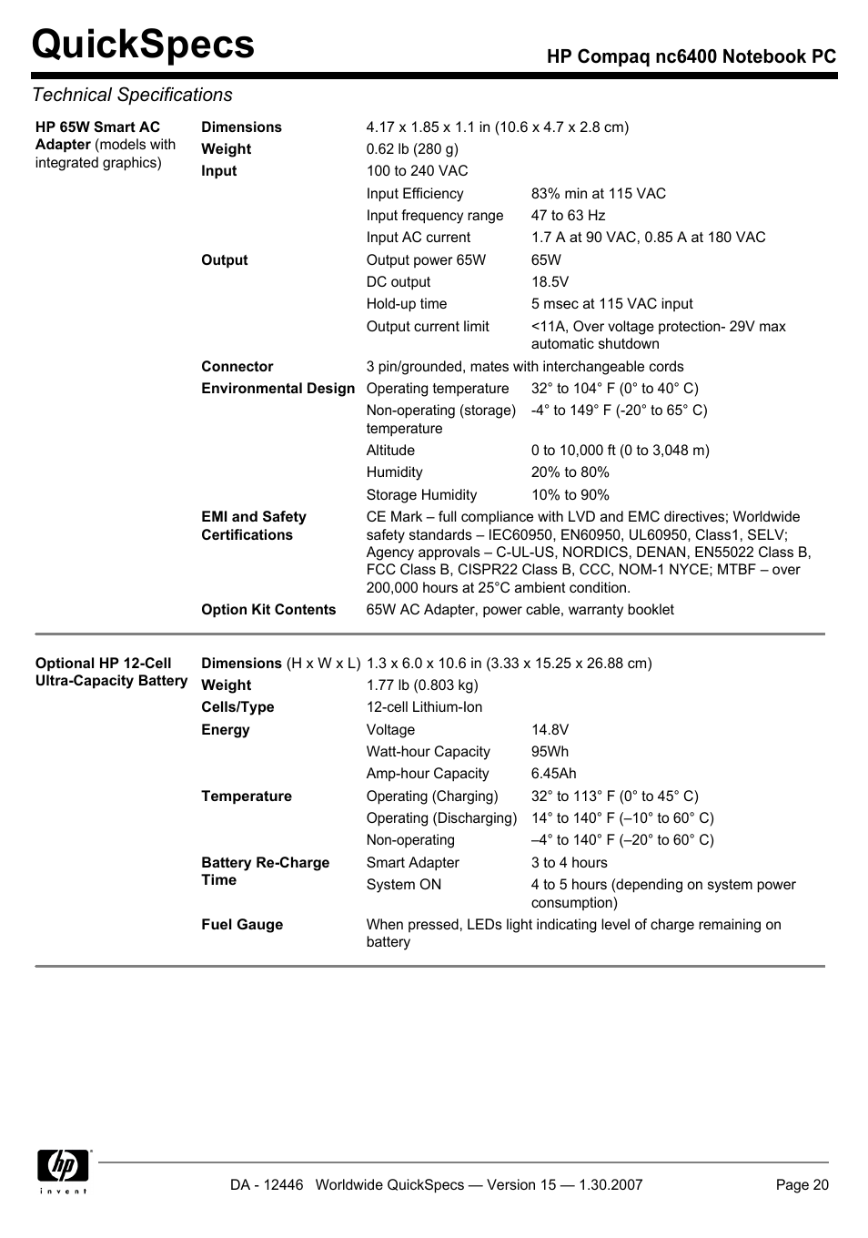 Quickspecs | Intel Compaq nc6400 User Manual | Page 20 / 41