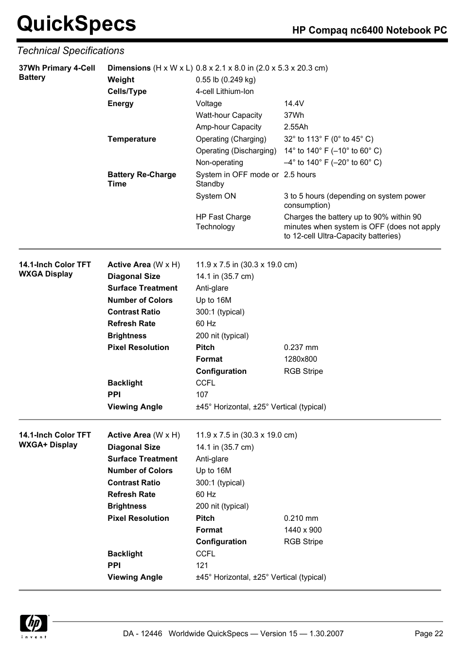 Quickspecs | Intel Compaq nc6400 User Manual | Page 22 / 41