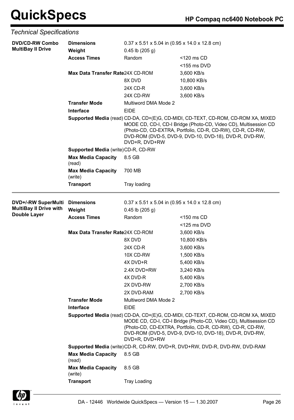 Quickspecs | Intel Compaq nc6400 User Manual | Page 26 / 41