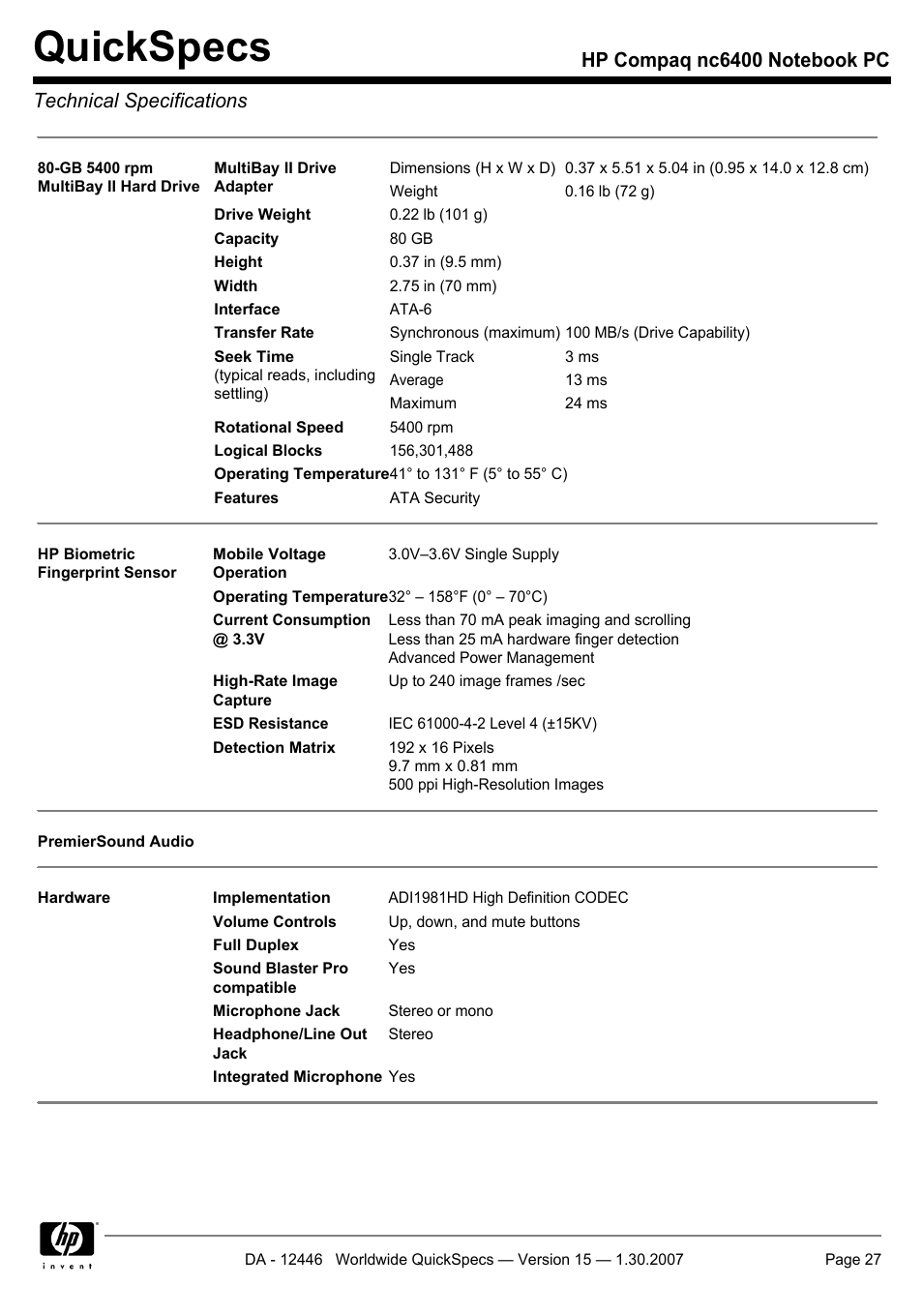Quickspecs | Intel Compaq nc6400 User Manual | Page 27 / 41