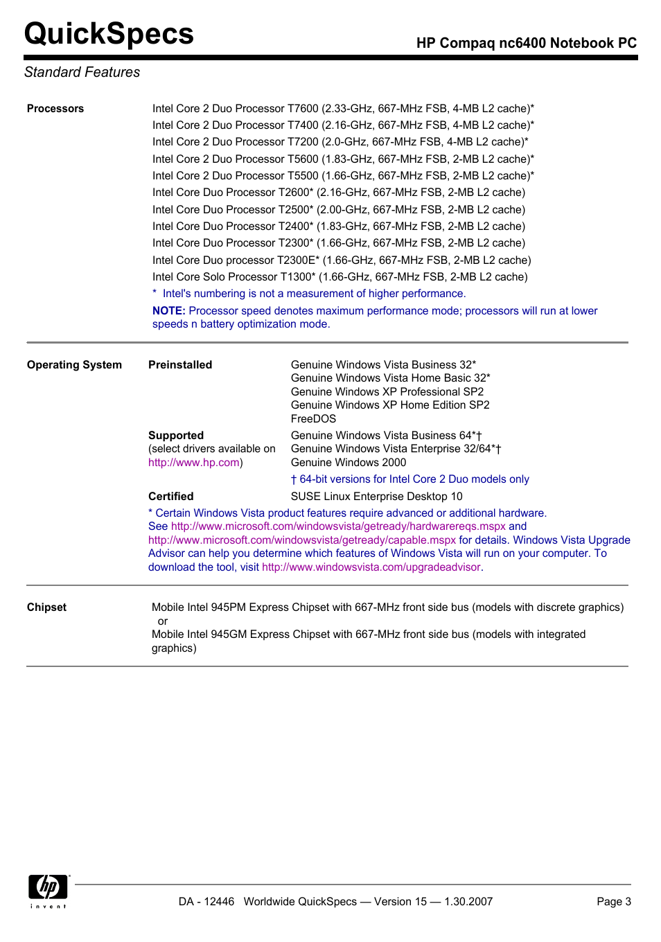 Standard features, Quickspecs | Intel Compaq nc6400 User Manual | Page 3 / 41