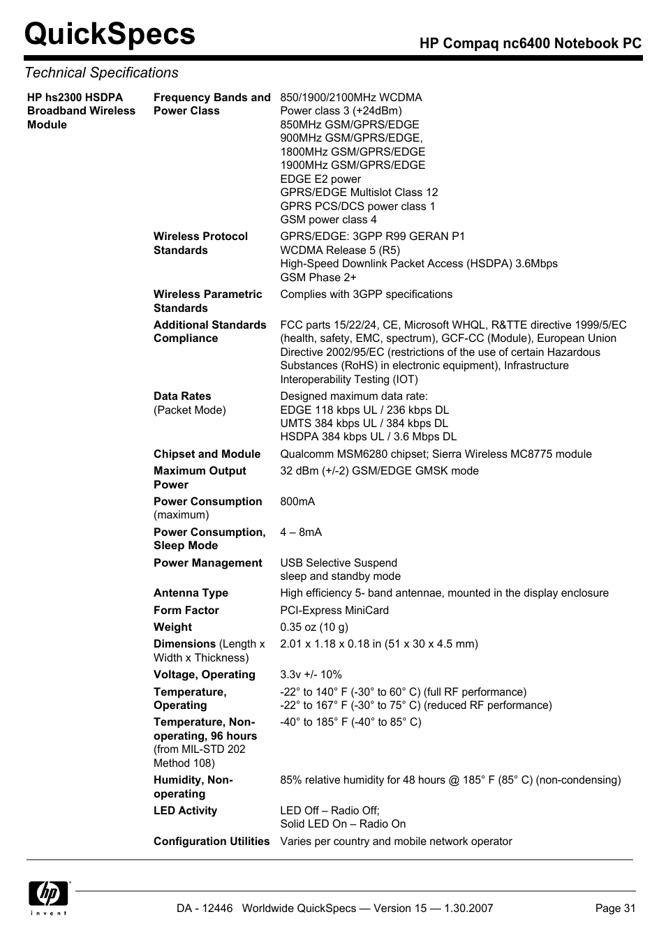 Quickspecs | Intel Compaq nc6400 User Manual | Page 31 / 41