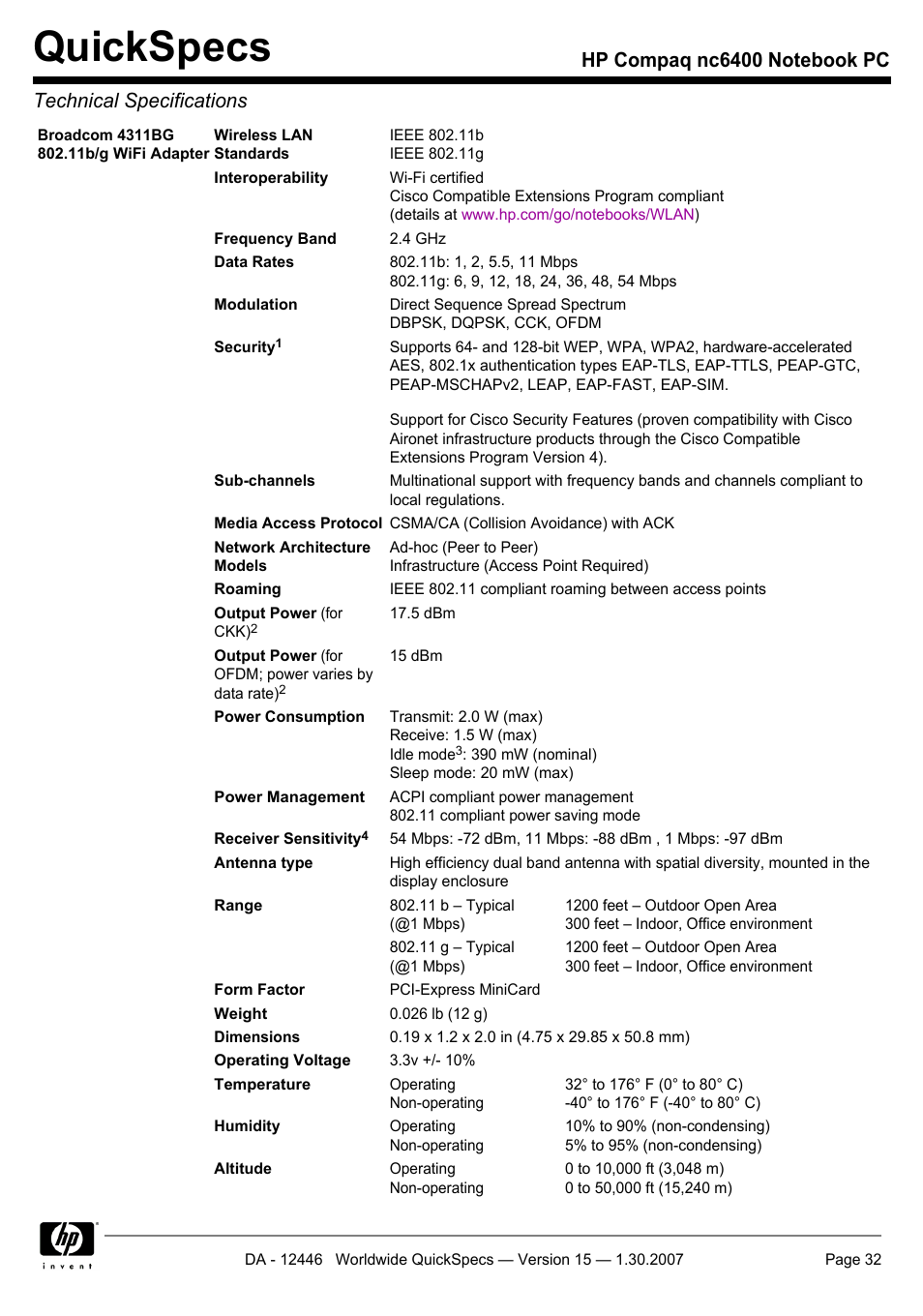 Quickspecs | Intel Compaq nc6400 User Manual | Page 32 / 41