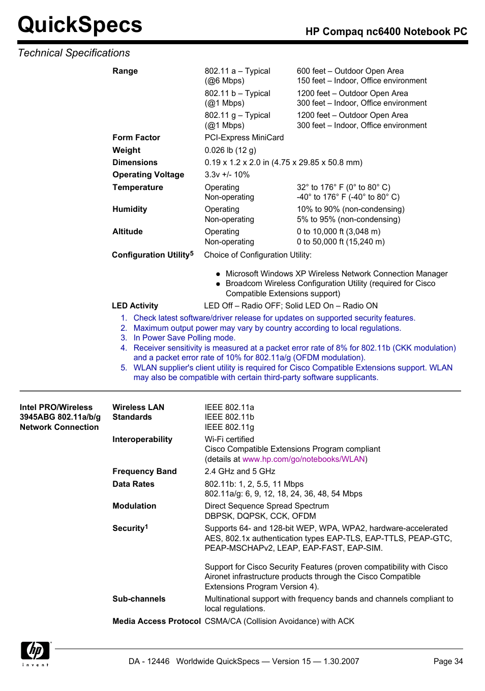 Quickspecs | Intel Compaq nc6400 User Manual | Page 34 / 41