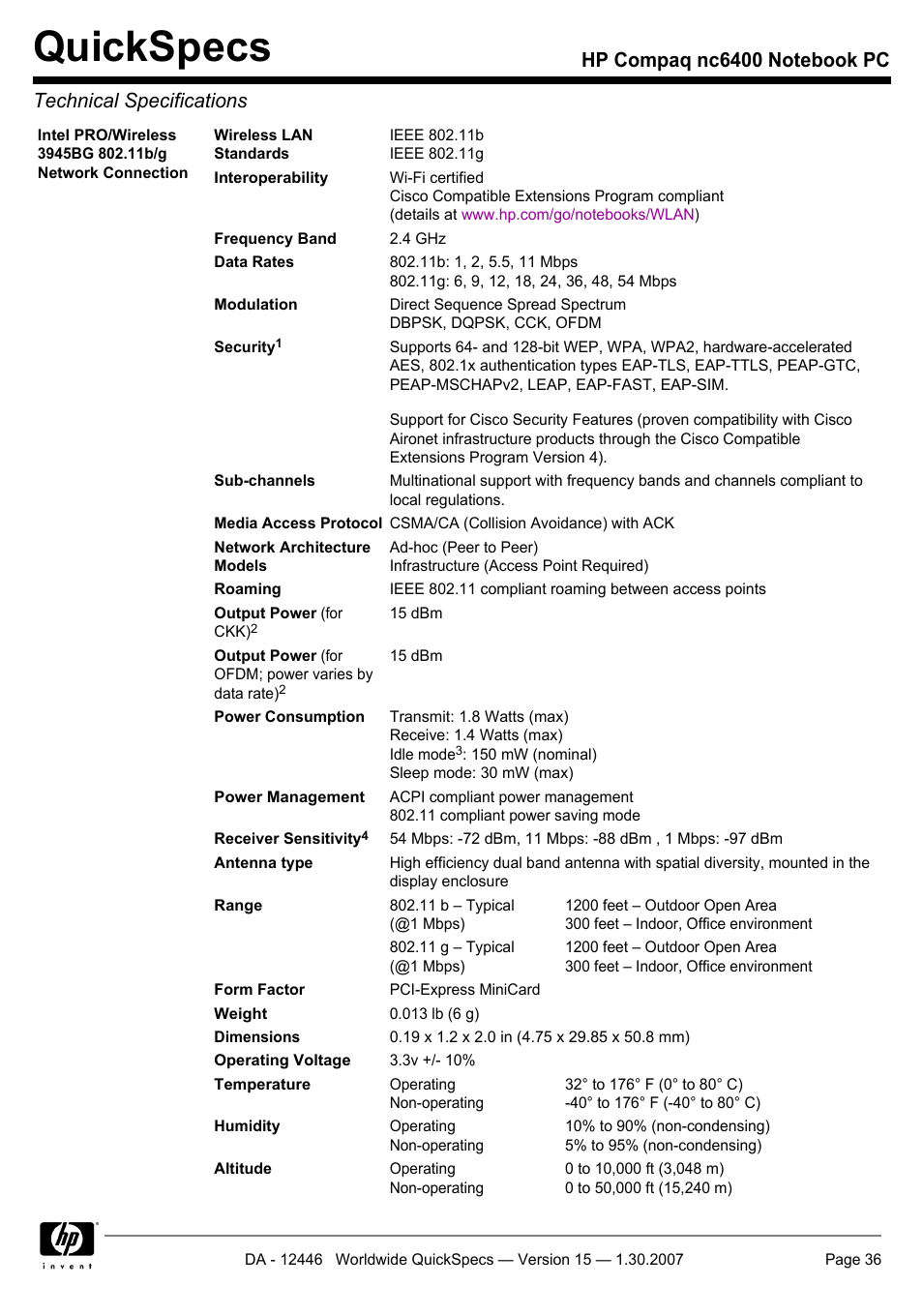 Quickspecs | Intel Compaq nc6400 User Manual | Page 36 / 41