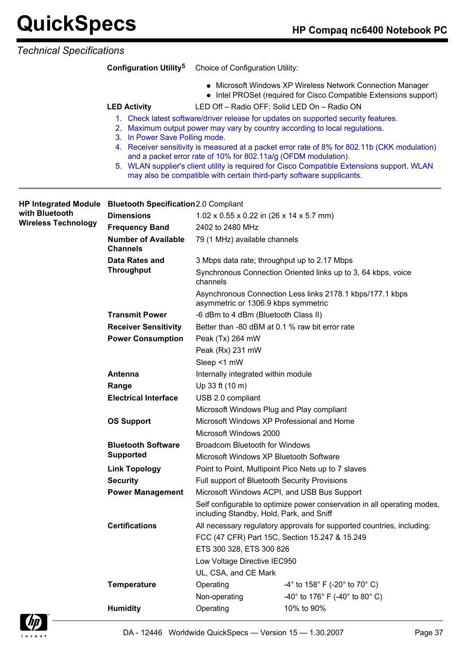 Quickspecs | Intel Compaq nc6400 User Manual | Page 37 / 41
