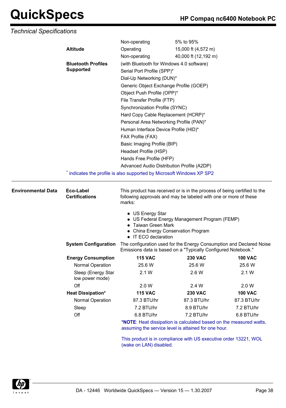 Quickspecs | Intel Compaq nc6400 User Manual | Page 38 / 41