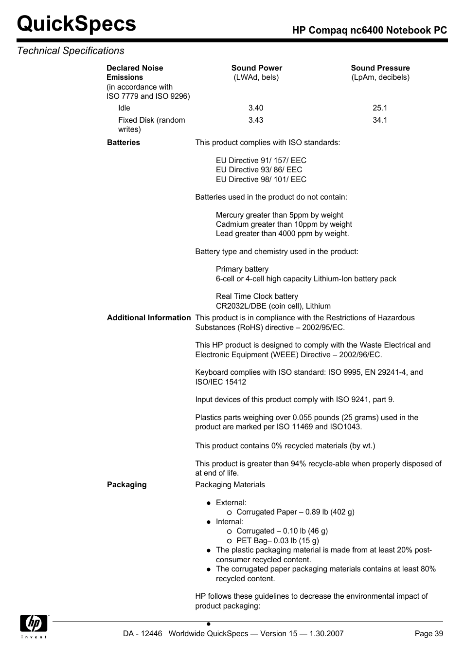 Quickspecs | Intel Compaq nc6400 User Manual | Page 39 / 41