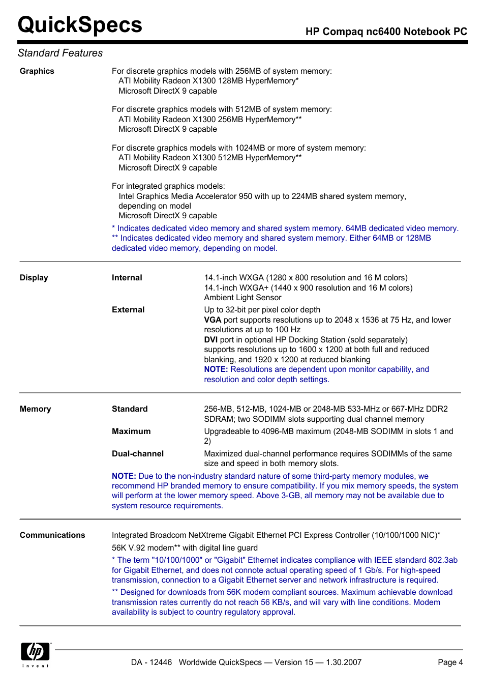 Quickspecs | Intel Compaq nc6400 User Manual | Page 4 / 41