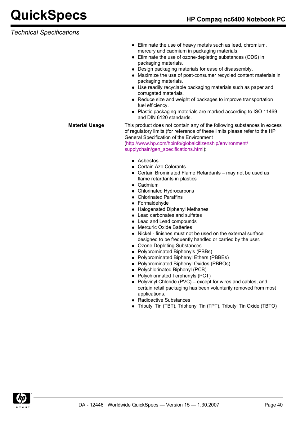Quickspecs | Intel Compaq nc6400 User Manual | Page 40 / 41