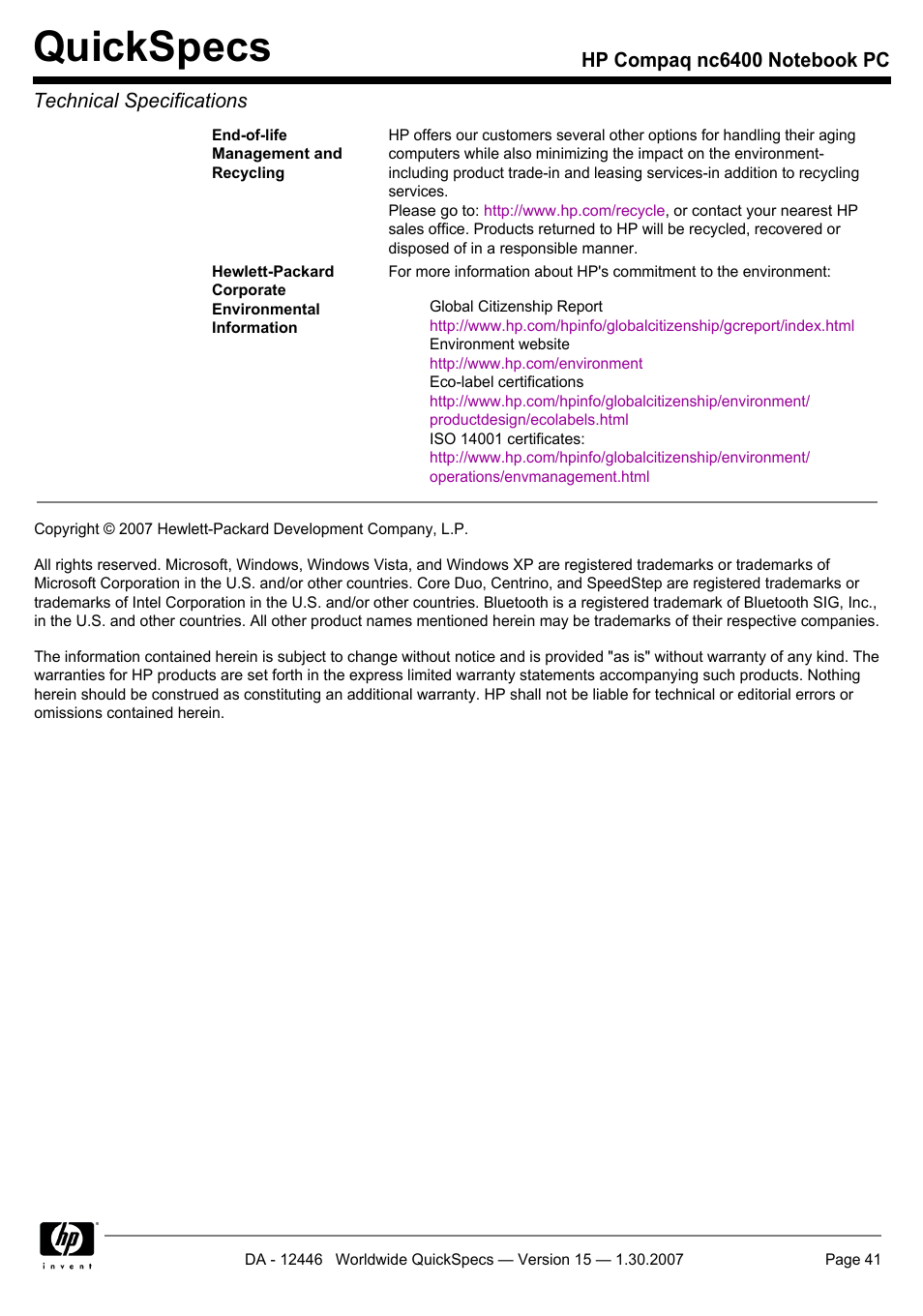 Quickspecs | Intel Compaq nc6400 User Manual | Page 41 / 41