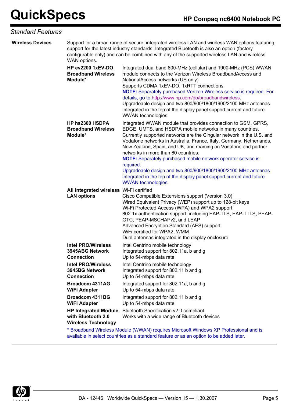Quickspecs | Intel Compaq nc6400 User Manual | Page 5 / 41