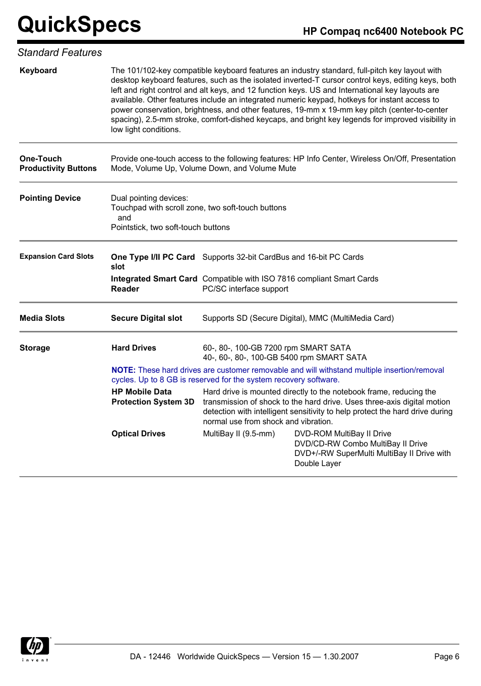 Quickspecs | Intel Compaq nc6400 User Manual | Page 6 / 41