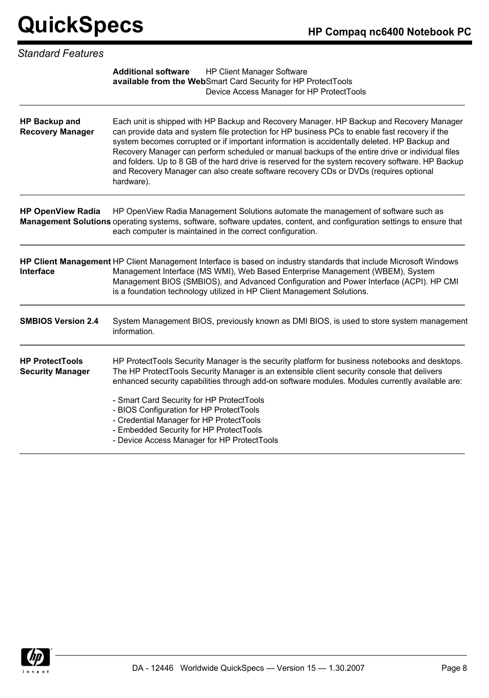 Quickspecs | Intel Compaq nc6400 User Manual | Page 8 / 41