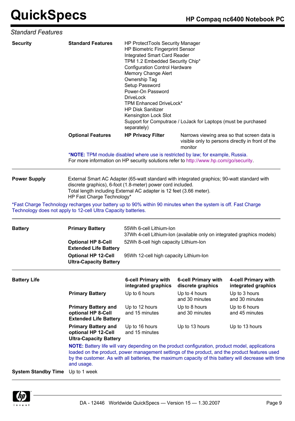 Quickspecs | Intel Compaq nc6400 User Manual | Page 9 / 41