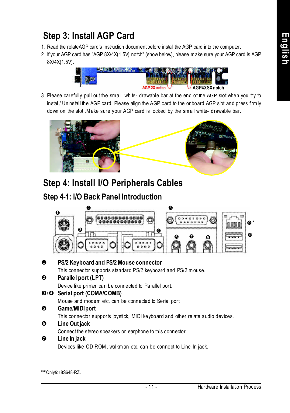 English step 4: install i/o peripherals cables, Step 3: install agp card, Step 4-1: i/o back panel introduction | Intel 8S648-RZ-C User Manual | Page 11 / 40