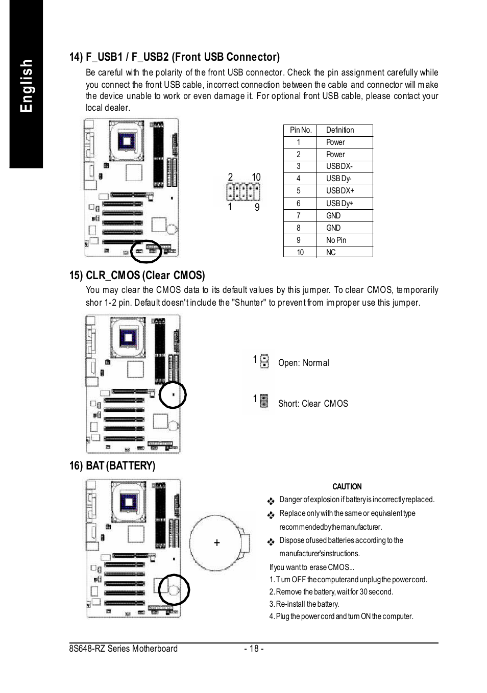 English, 15) clr_cmos (clear cmos), 16) bat (battery) | 14) f_usb1 / f_usb2 (front usb connector) | Intel 8S648-RZ-C User Manual | Page 18 / 40