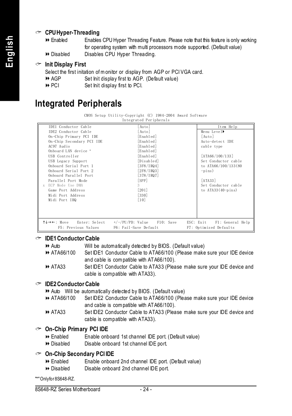English, Integrated peripherals, Cpu hyper-threading | Init display first, Ide1 conductor cable, Ide2 conductor cable, On-chip primary pci ide, On-chip secondary pci ide | Intel 8S648-RZ-C User Manual | Page 24 / 40