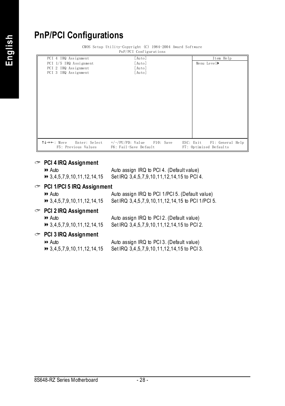 English, Pnp/pci configurations, Pci 4 irq assignment | Pci 1/pci 5 irq assignment, Pci 2 irq assignment, Pci 3 irq assignment | Intel 8S648-RZ-C User Manual | Page 28 / 40