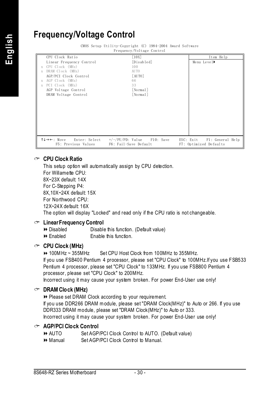 English frequency/voltage control, Cpu clock ratio, Linear frequency control | Cpu clock (mhz), Dram clock (mhz), Agp/pci clock control | Intel 8S648-RZ-C User Manual | Page 30 / 40