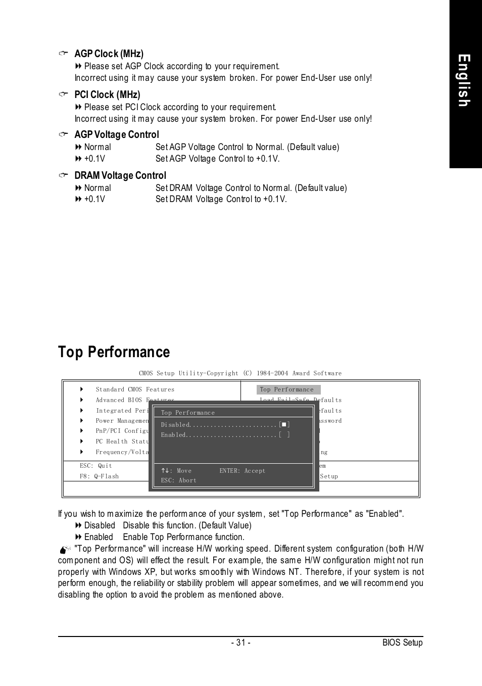 English top performance, Agp clock (mhz), Pci clock (mhz) | Agp voltage control, Dram voltage control | Intel 8S648-RZ-C User Manual | Page 31 / 40