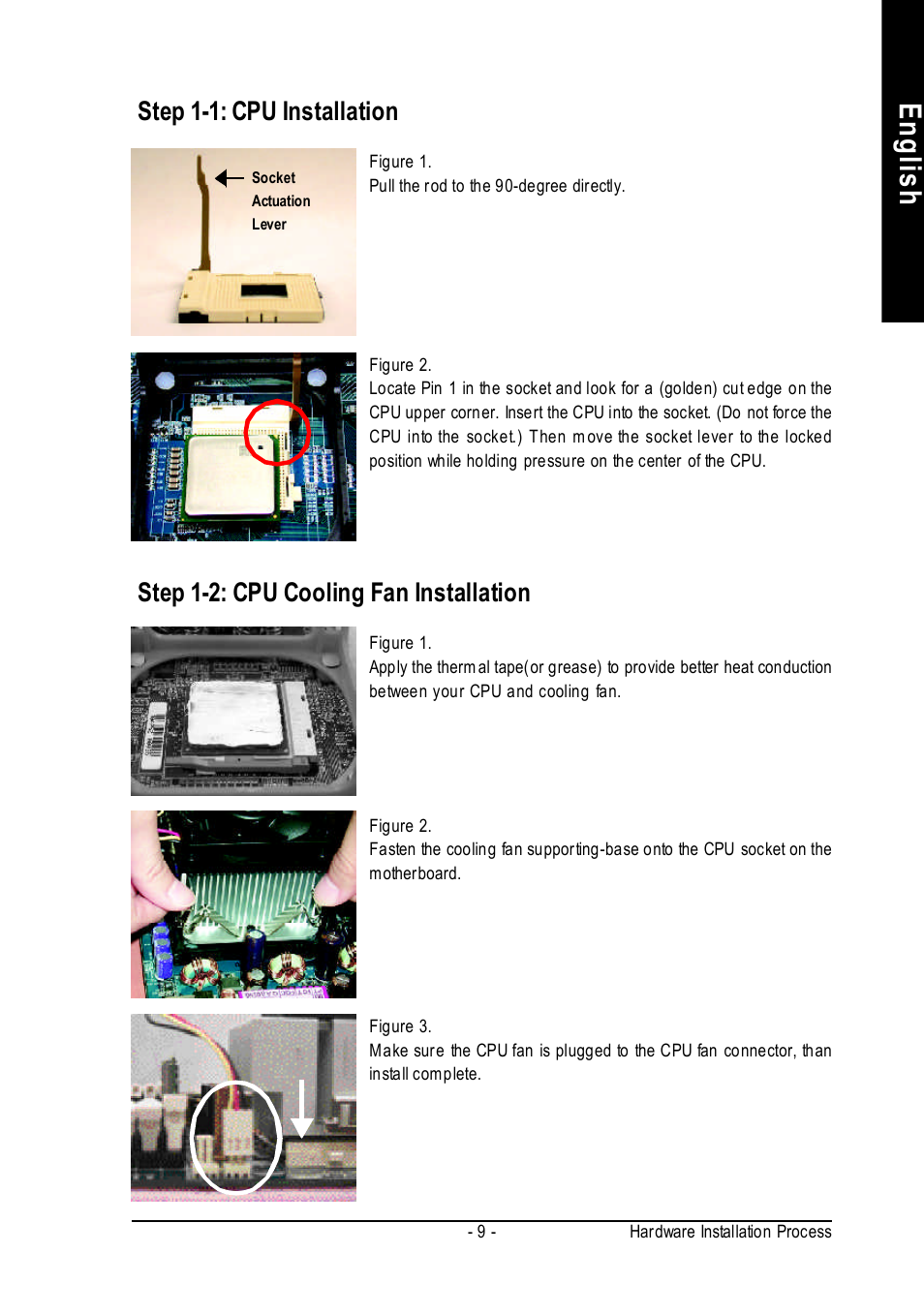 English, Step 1-1: cpu installation, Step 1-2: cpu cooling fan installation | Intel 8S648-RZ-C User Manual | Page 9 / 40