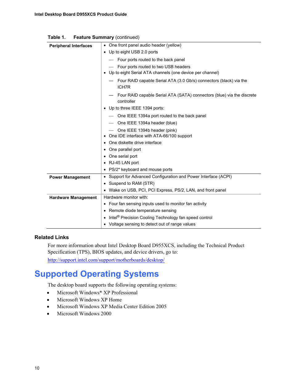 Supported operating systems | Intel D955XCS User Manual | Page 10 / 74