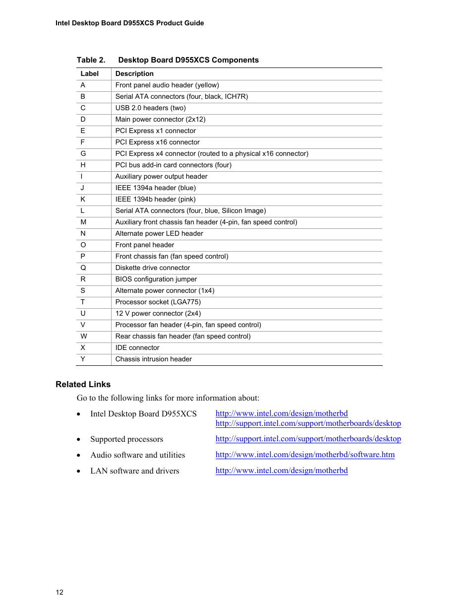 Desktop board d955xcs components | Intel D955XCS User Manual | Page 12 / 74