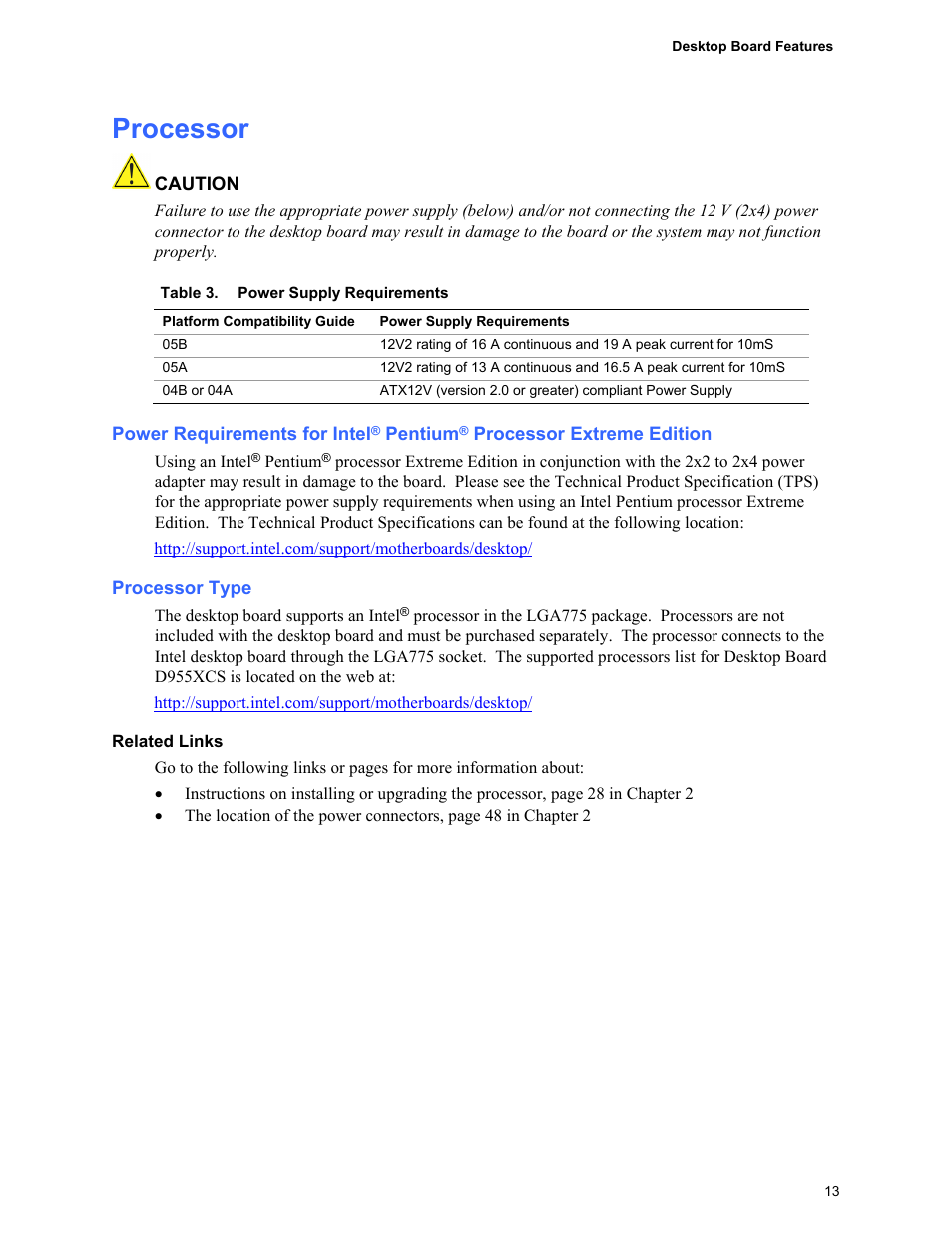 Processor, Power requirements for intel, Pentium | Processor extreme edition, Processor type, Power supply requirements | Intel D955XCS User Manual | Page 13 / 74