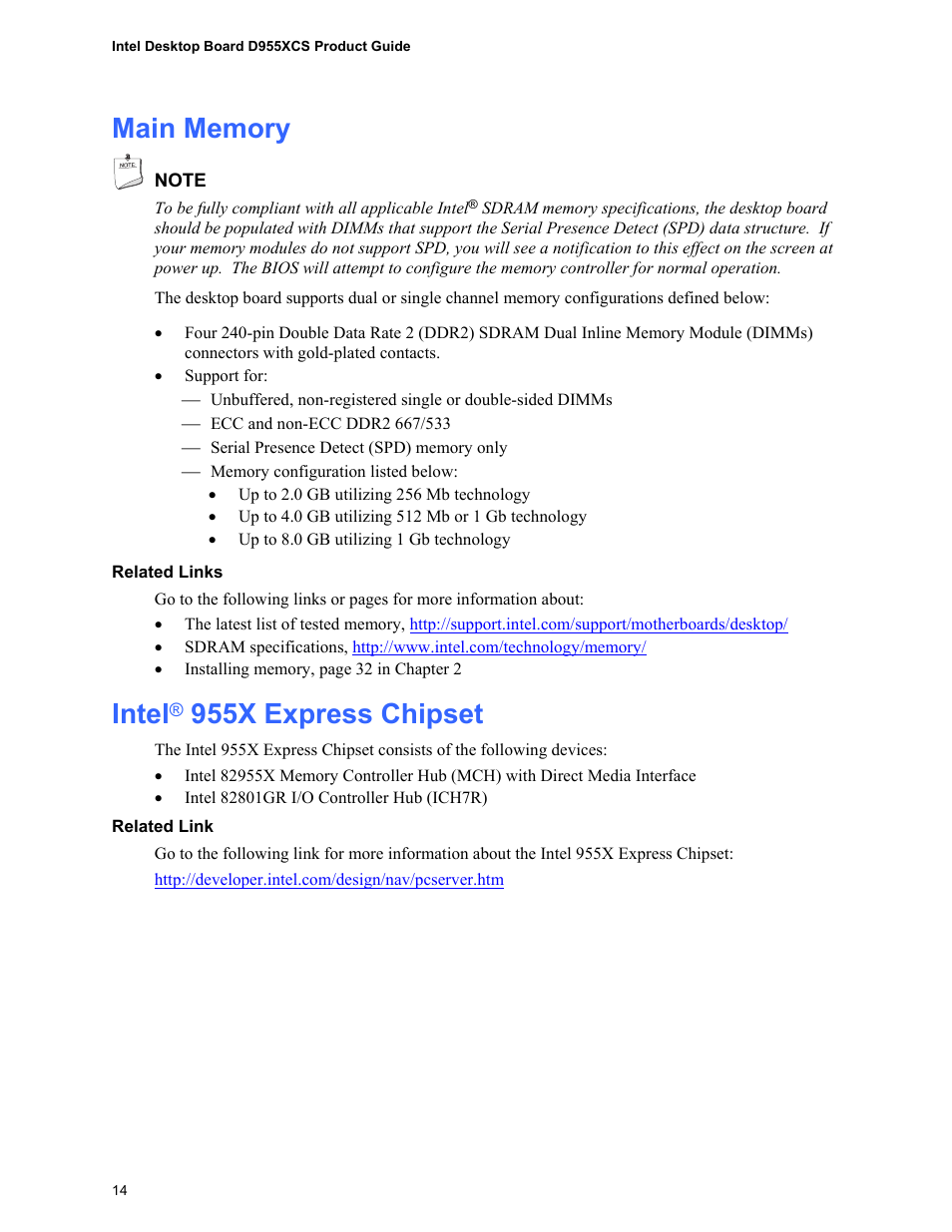 Main memory, Intel, 955x express chipset | Intel D955XCS User Manual | Page 14 / 74