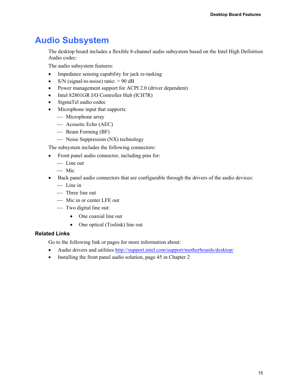 Audio subsystem | Intel D955XCS User Manual | Page 15 / 74