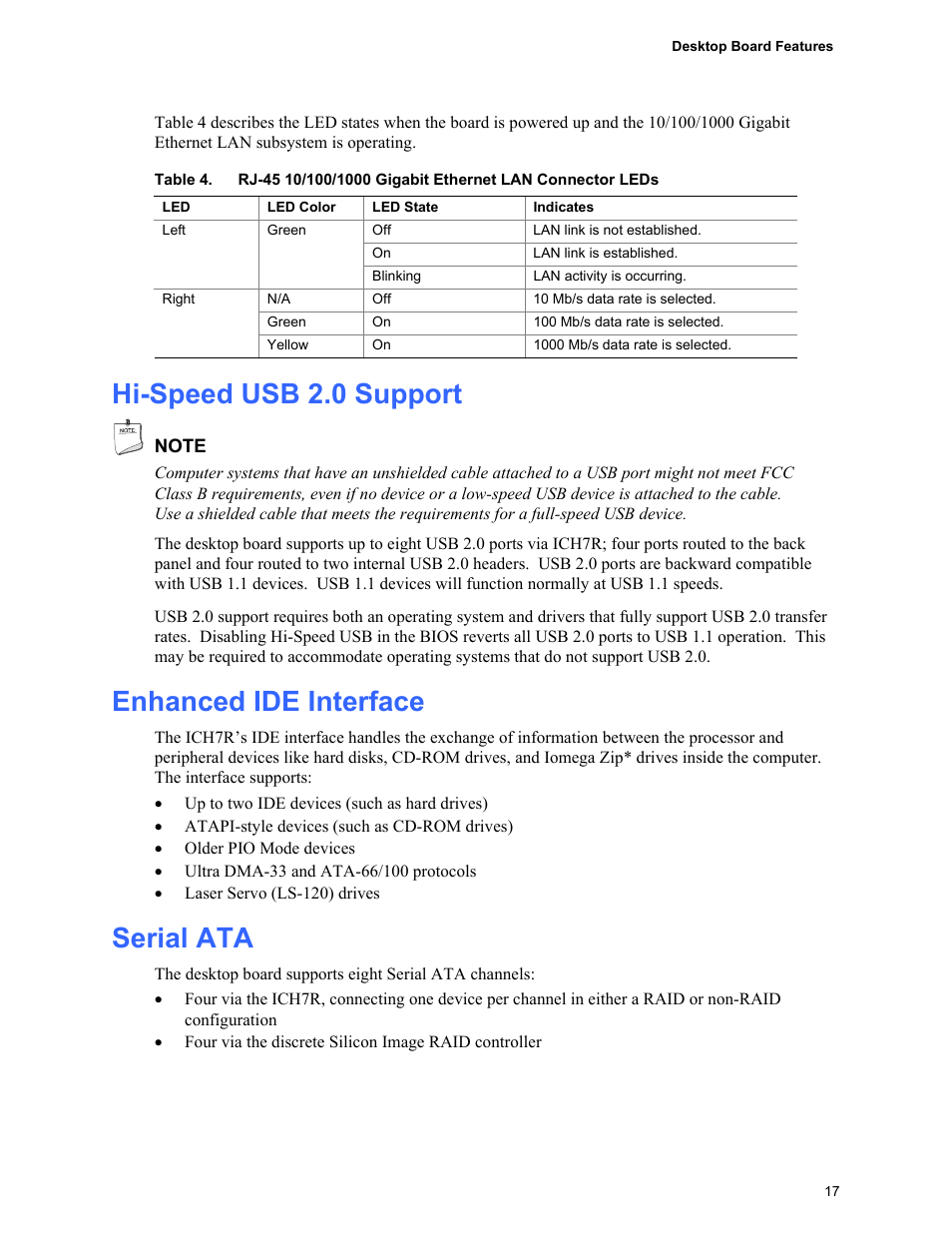 Hi-speed usb 2.0 support, Enhanced ide interface, Serial ata | Intel D955XCS User Manual | Page 17 / 74