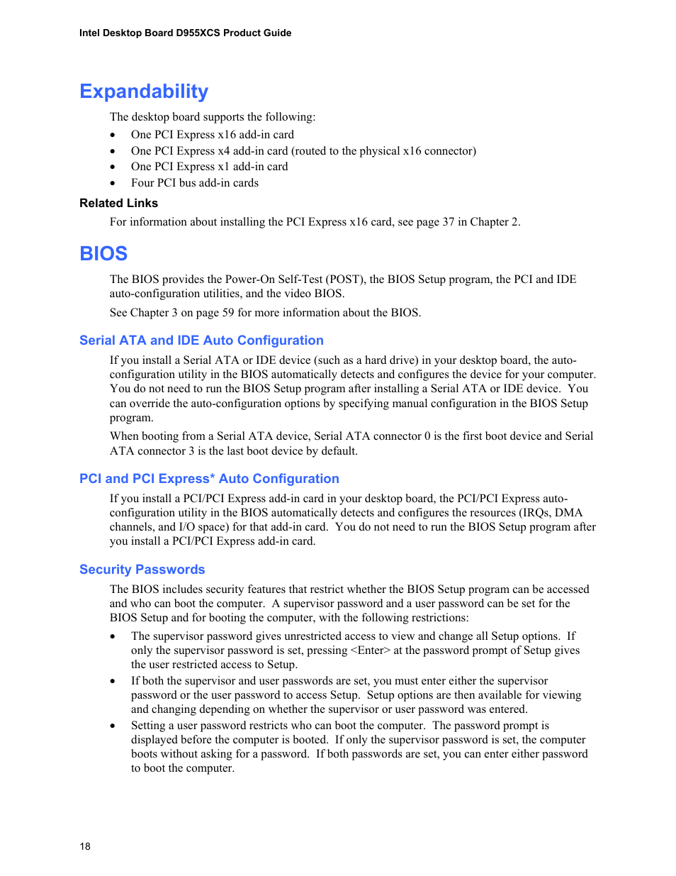 Expandability, Bios, Serial ata and ide auto configuration | Pci and pci express* auto configuration, Security passwords | Intel D955XCS User Manual | Page 18 / 74
