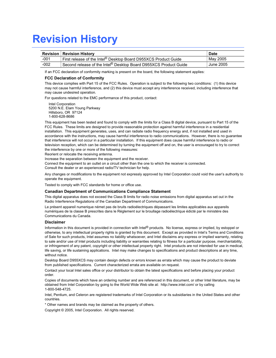 Revision history | Intel D955XCS User Manual | Page 2 / 74