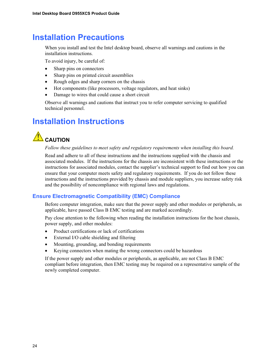 Installation precautions, Installation instructions | Intel D955XCS User Manual | Page 24 / 74
