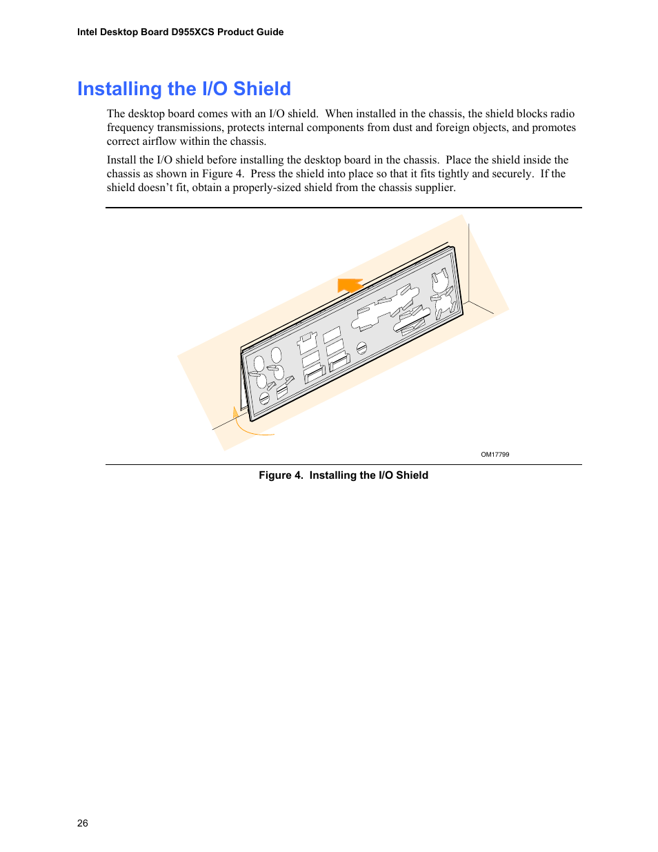 Installing the i/o shield | Intel D955XCS User Manual | Page 26 / 74