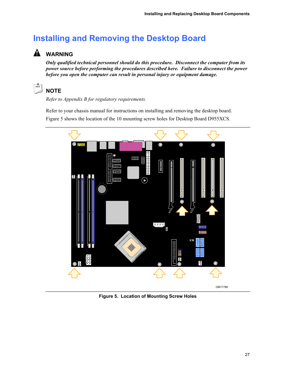Installing and removing the desktop board, Location of mounting screw holes | Intel D955XCS User Manual | Page 27 / 74