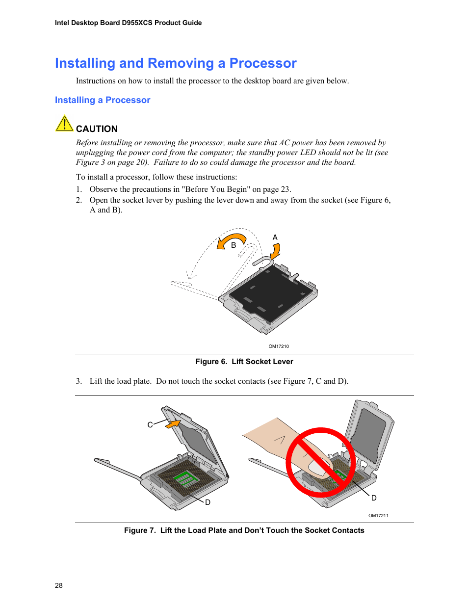 Installing and removing a processor, Installing a processor, Lift socket lever | Intel D955XCS User Manual | Page 28 / 74