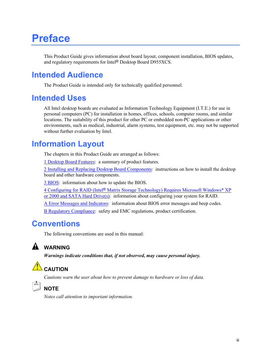 Preface, Intended audience, Intended uses | Information layout, Conventions | Intel D955XCS User Manual | Page 3 / 74