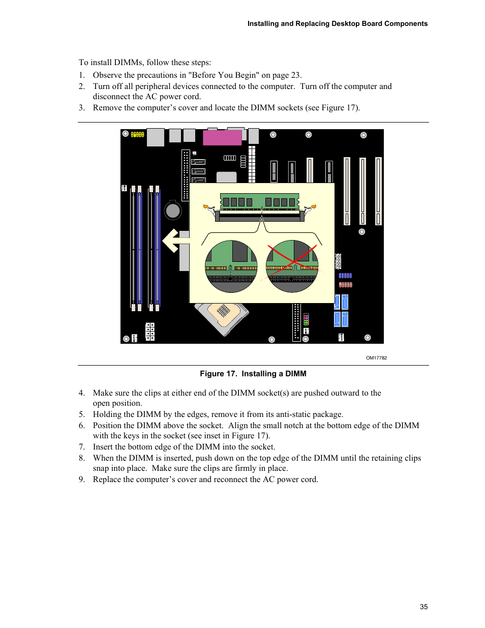 Installing a dimm | Intel D955XCS User Manual | Page 35 / 74