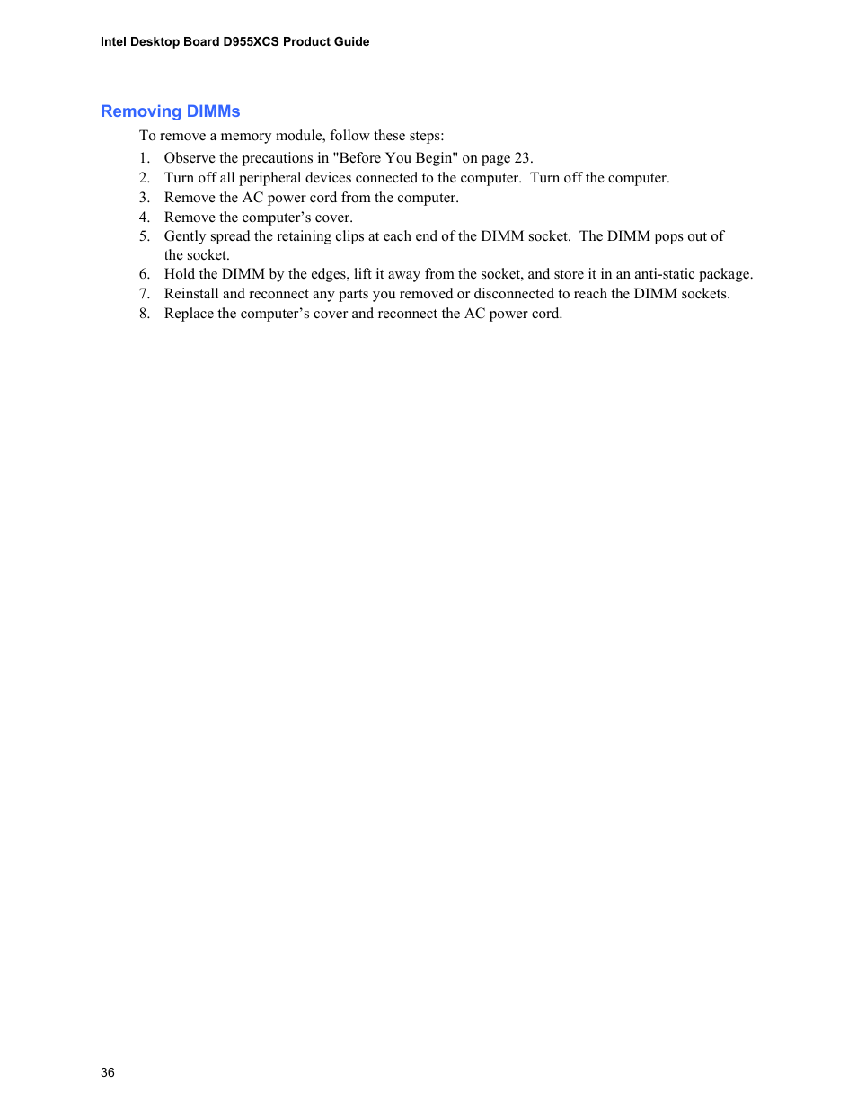 Removing dimms | Intel D955XCS User Manual | Page 36 / 74