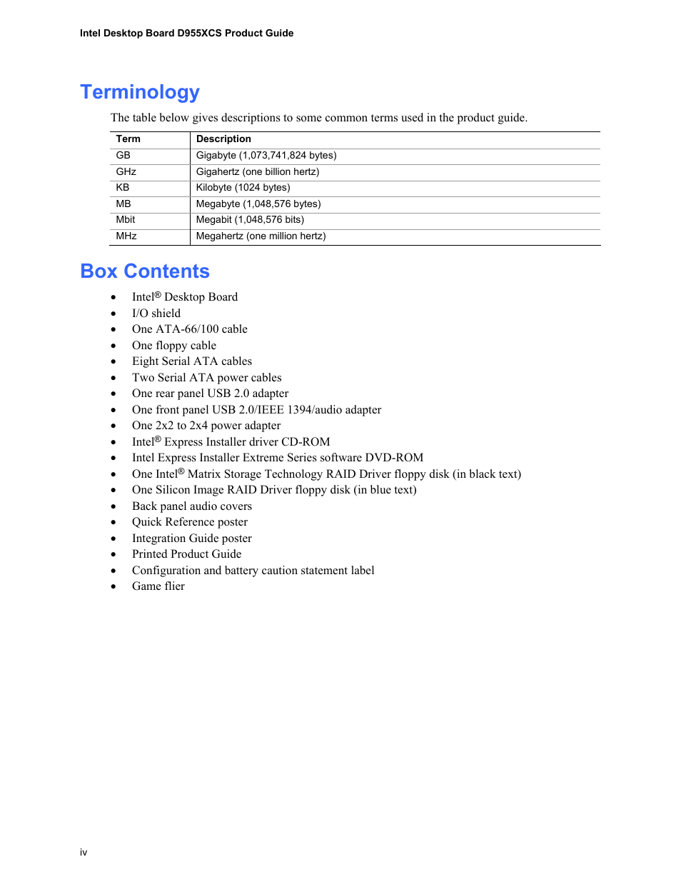 Terminology, Box contents | Intel D955XCS User Manual | Page 4 / 74