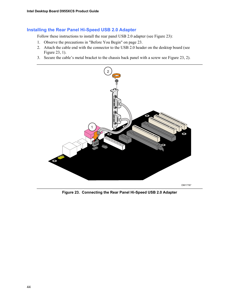 Installing the rear panel hi-speed usb 2.0 adapter, Connecting the rear panel hi-speed usb 2.0 adapter | Intel D955XCS User Manual | Page 44 / 74