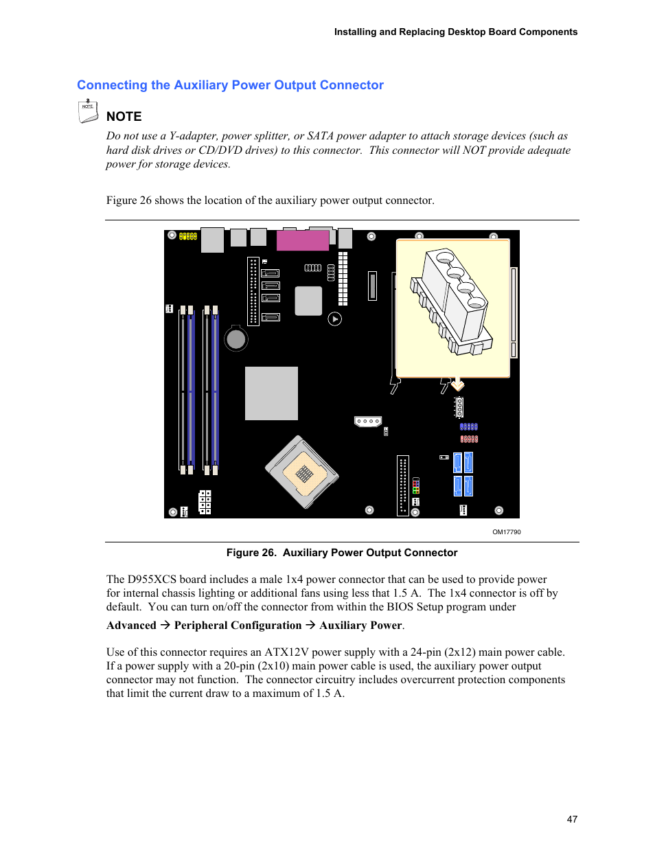 Connecting the auxiliary power output connector, Auxiliary power output connector | Intel D955XCS User Manual | Page 47 / 74