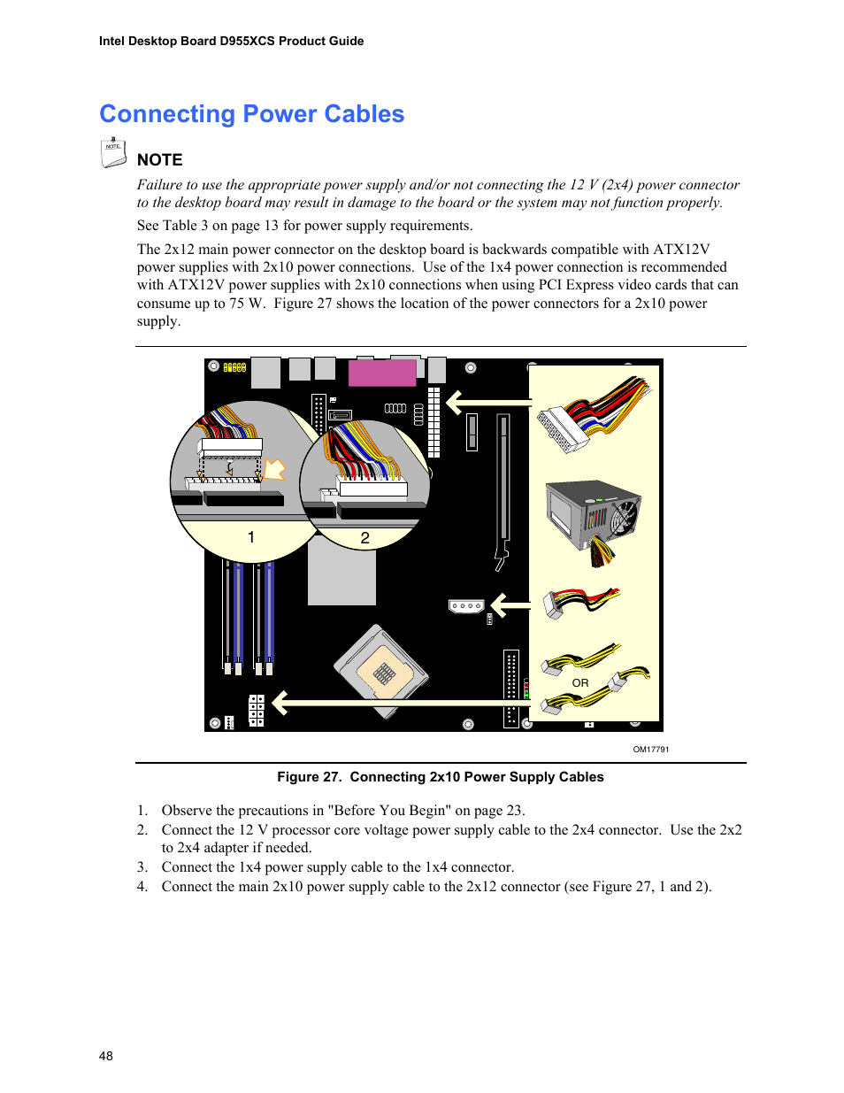 Connecting power cables, Connecting 2x10 power supply cables | Intel D955XCS User Manual | Page 48 / 74