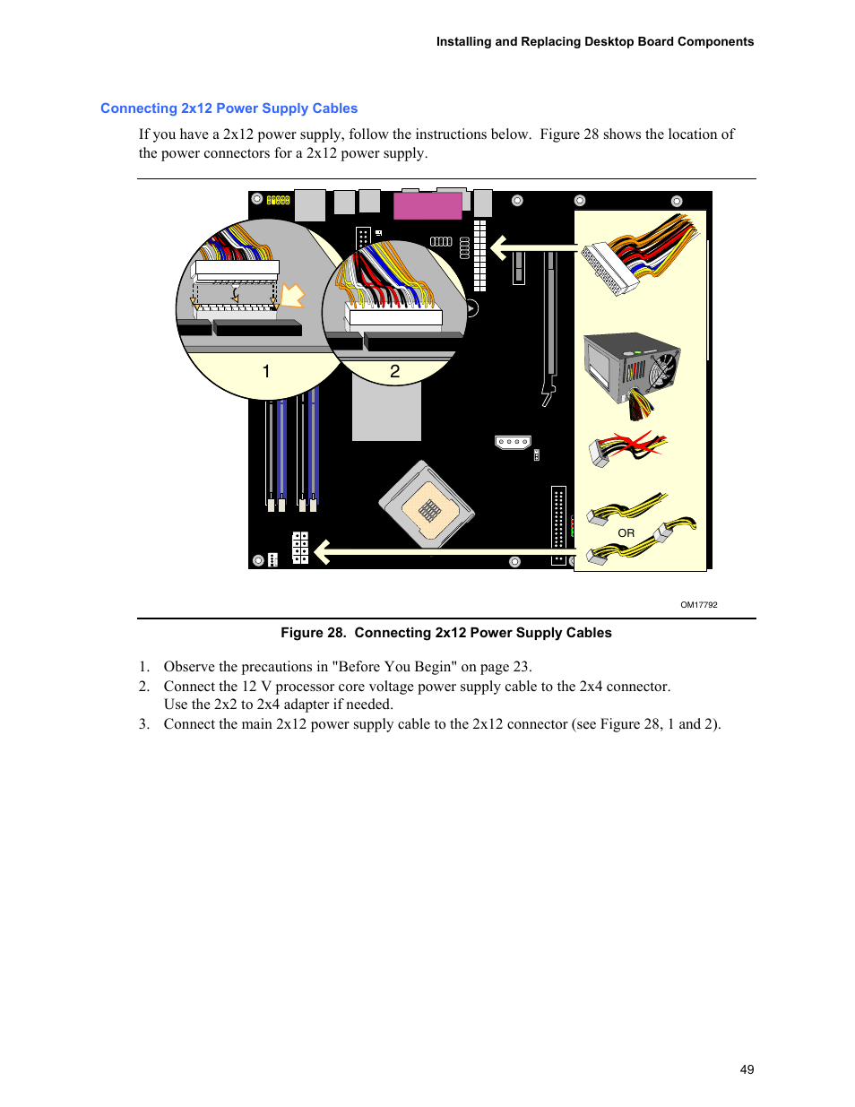Connecting 2x12 power supply cables | Intel D955XCS User Manual | Page 49 / 74