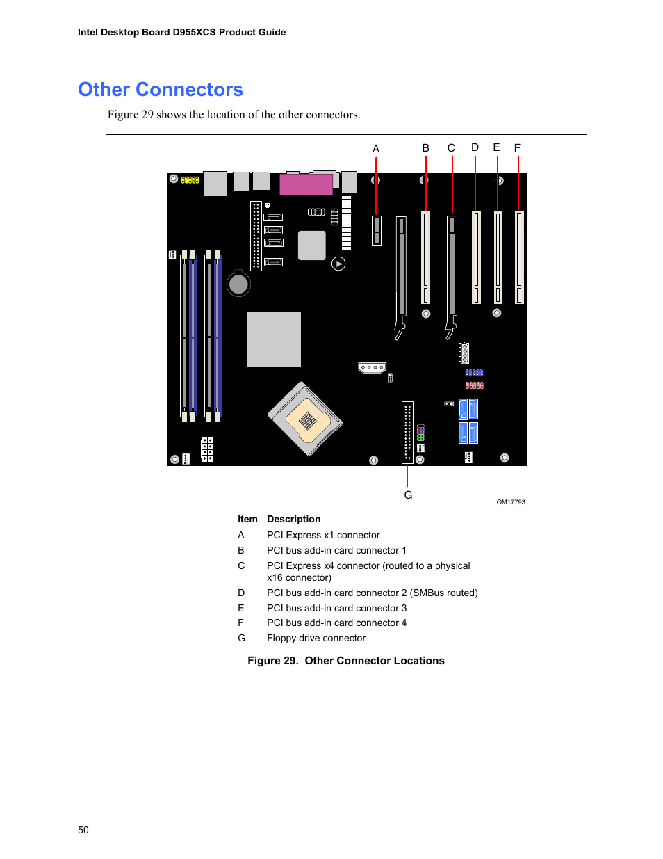 Other connectors, Other connector locations | Intel D955XCS User Manual | Page 50 / 74