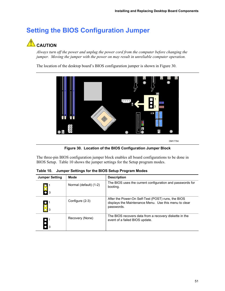 Setting the bios configuration jumper, Location of the bios configuration jumper block, Jumper settings for the bios setup program modes | Caution | Intel D955XCS User Manual | Page 51 / 74