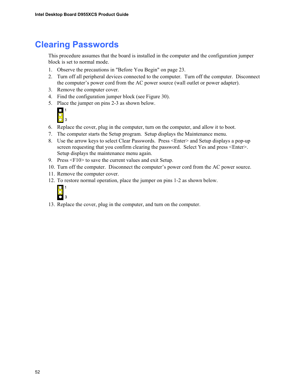 Clearing passwords | Intel D955XCS User Manual | Page 52 / 74